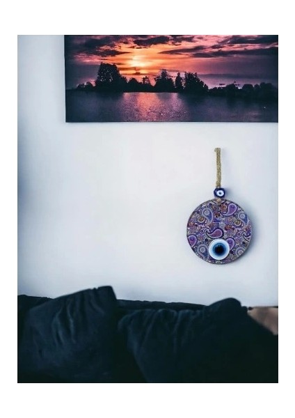 Mandala Desen Mavi Mor Nazar Boncuklu Füzyon Cam El Işçiliği 12 cm Duvar Süsü Nazarlık Hediyelik Eşya