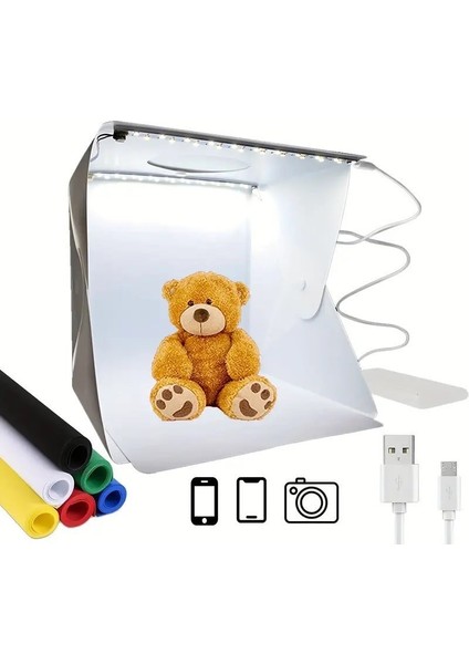 Buffer® Katlanır Işıklı Fotoğraf Stüdyosu 40X40 cm 6 Renk Fonlu Ürün Çekimi Için Uygun Fotoğraf Çekim Kutusu