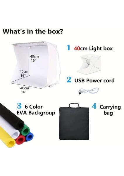 Buffer® Katlanır Işıklı Fotoğraf Stüdyosu 40X40 cm 6 Renk Fonlu Ürün Çekimi Için Uygun Fotoğraf Çekim Kutusu