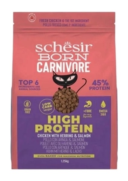 Schesir Born Carnivore Tavuklu Somonlu ve Ringa Balıklı Yetişkin Kedi Maması 1.25 kg
