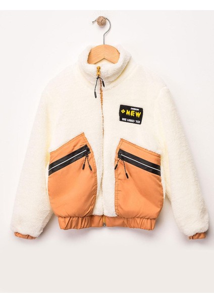Unisex Çocuk Polar Mont Fermuarlı Cepli Peluş Şişme Mont Kışlık Kalın Ceket Hardal Beyaz