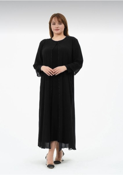 Ahuşen Kadın Büyük Beden Şifon Slikon Taşlı Astarlı Anne Abiye Elbise