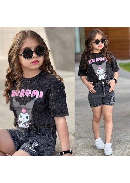 Kız Çocuk Kuromi Baskılı Yıkamalı Kot Şortlu Alt-Üst Takım