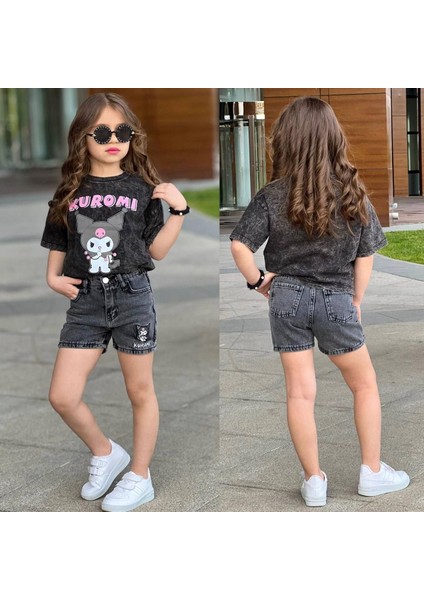 Kız Çocuk Kuromi Baskılı Yıkamalı Kot Şortlu Alt-Üst Takım fiyatları