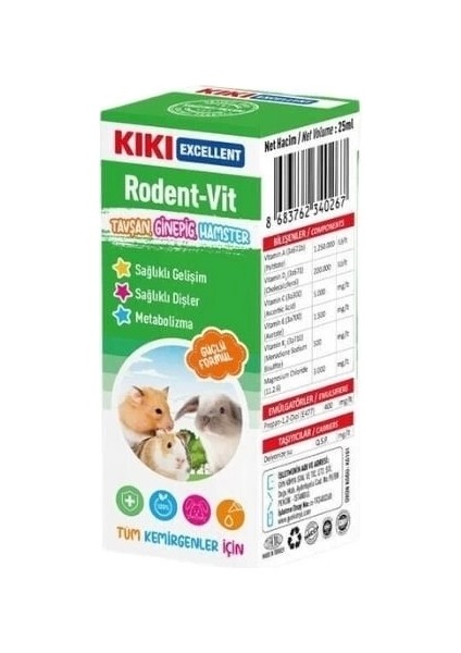 Kiki Excellent Rodent-Vit Sağlıklı Gelişim Destekleyici Kemirgenler Için Multi Vitamin 25 ml