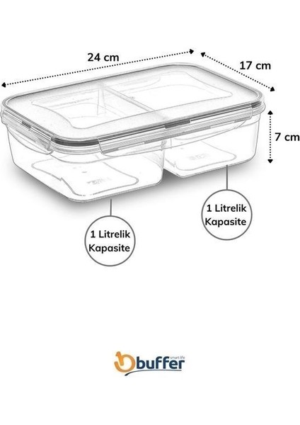 Buffer® 2 Bölmeli 1+1 Litre Kilitli Kapaklı Erzak Saklama Kabı LC-525