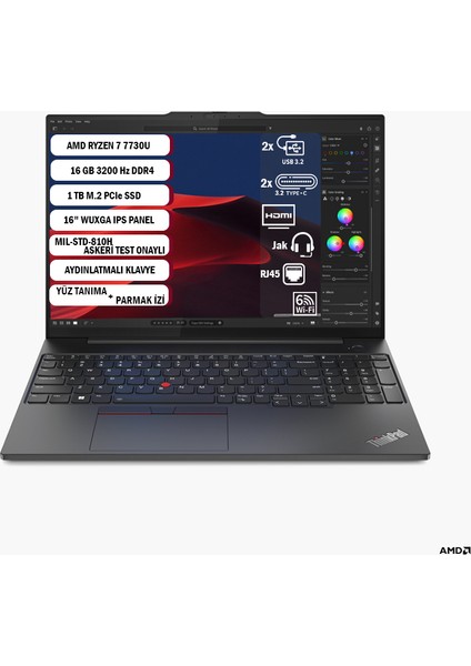 Thinkpad E16 Gen 1 Amd Ryzen™ 7 7730U 16 GB 1 Tb SSD 16'' Wuxga IPS Freedos 21JT0017TX+161