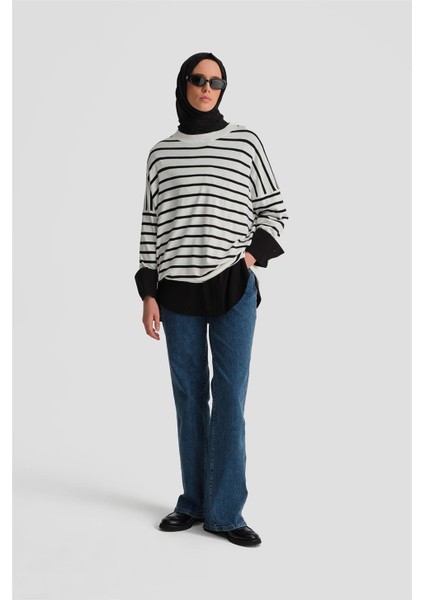 Çizgili Triko Tunik 24Kd2007 Ekru