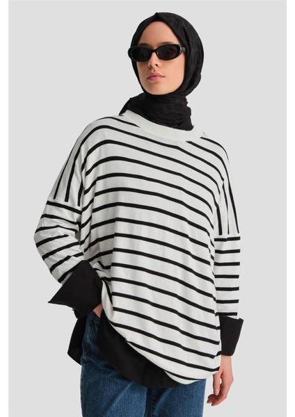 Çizgili Triko Tunik 24Kd2007 Ekru modelleri
