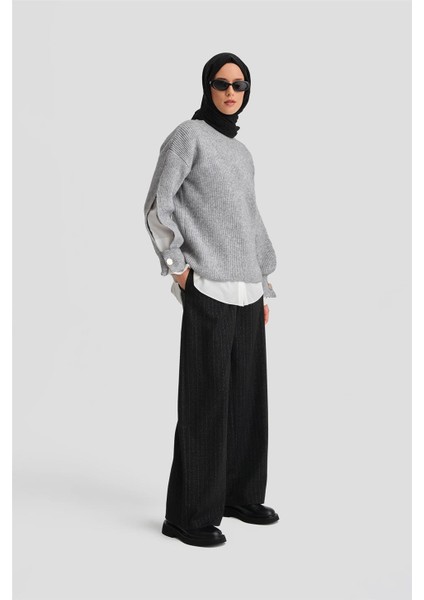 Kolu Yırtmaç Detaylı Kazak 24KD4201 Gri Melanj