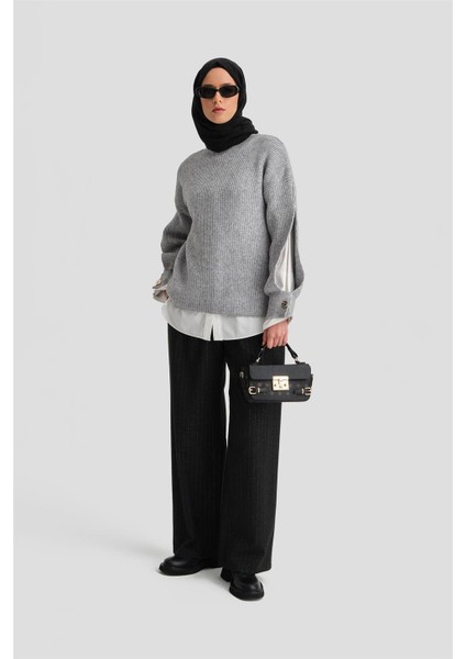 Kolu Yırtmaç Detaylı Kazak 24KD4201 Gri Melanj