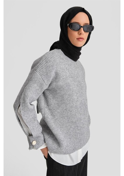 Kolu Yırtmaç Detaylı Kazak 24KD4201 Gri Melanj
