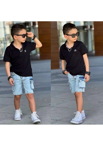 Erkek Çocuk Polo Yaka T-Shirt Kot Şort 2'li Alt-Üst Takım Siyah Renk