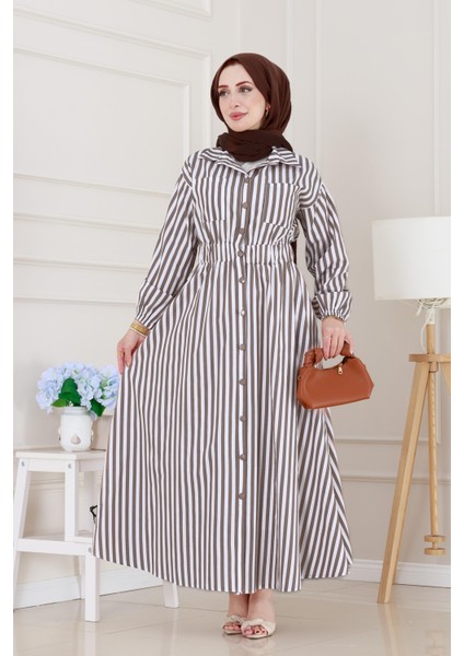 Çizgili Cepli Tesettür Elbise-Kahverengi