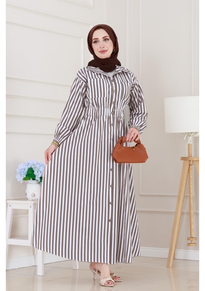 Çizgili Cepli Tesettür Elbise-Kahverengi fiyatları