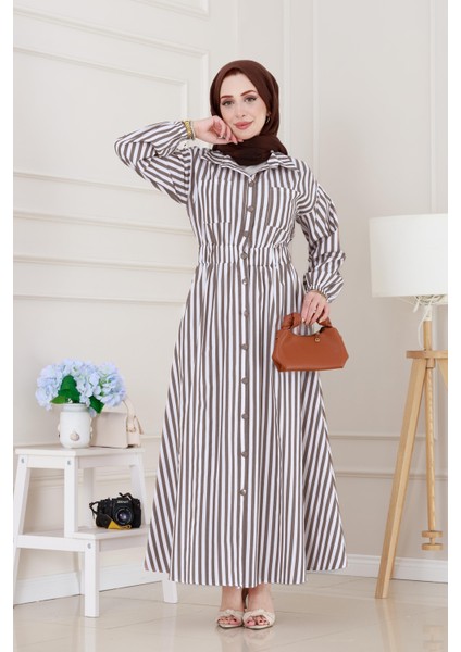 Çizgili Cepli Tesettür Elbise-Kahverengi modelleri