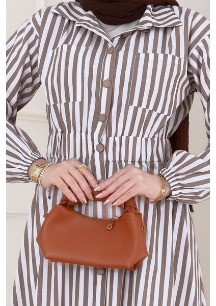 Çizgili Cepli Tesettür Elbise-Kahverengi fırsatları