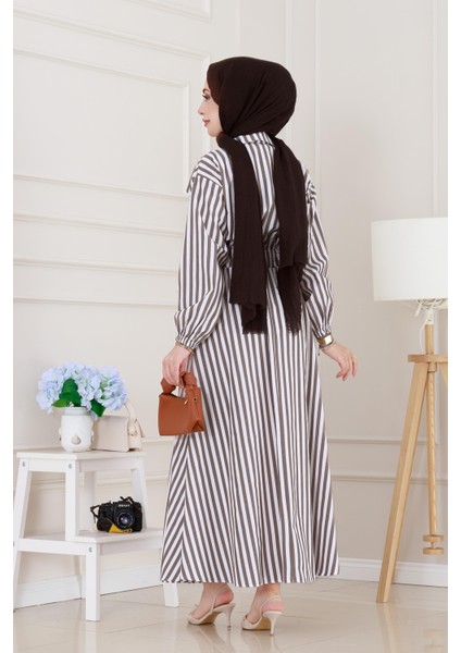 Çizgili Cepli Tesettür Elbise-Kahverengi indirimleri