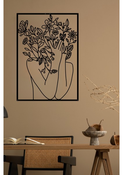 Çiçek Kadın Dekoratif Siyah Metal Duvar Tablosu 42X60CM