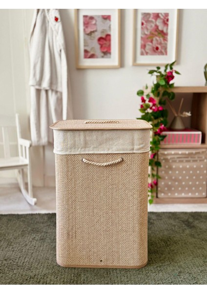 Beige Hasır Dikdörtgen Çamaşır Sepeti (Yükseklik 60CM)