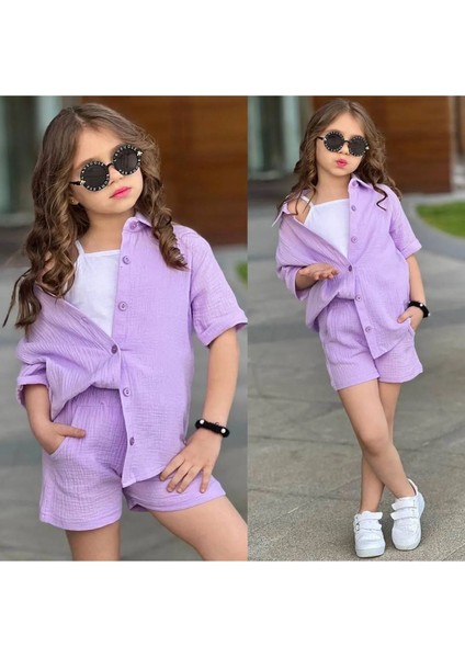 Kız Çocuk Müslin Kumaş Gömlek Şort ve Atletli 3'lü Takım Lila Renk