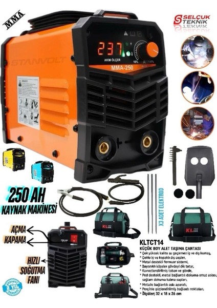 250 Amper Inverter Tip Kademeli Çanta Kaynak Makinesi + Klpro Taşıma Çantası