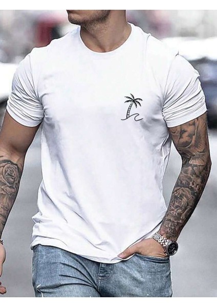 Unisex Yeni Sezon Oversize Palmiye Baskılı Pamuklu Tshirt