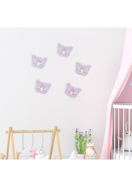 Ahşap Kelebek Duvar Süsü 5’li Set – Pembe, Mavi, Yeşil Renkli Çocuk Odası Dekoru, Bantlı Montaj
