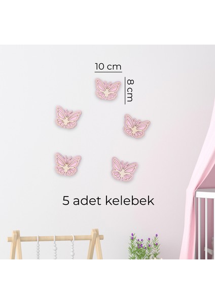 Ahşap Kelebek Duvar Süsü 5’li Set – Pembe, Mavi, Yeşil Renkli Çocuk Odası Dekoru, Bantlı Montaj fiyatları