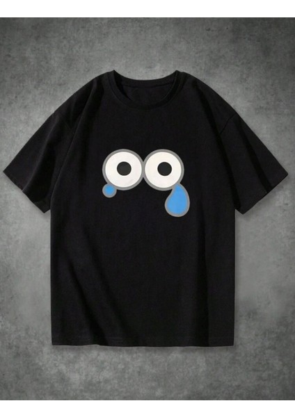 Akan Göz Desenli Oversize Siyah T-Shirt