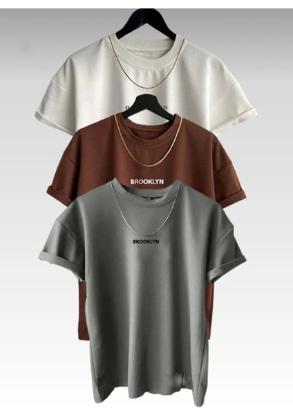 Yeni Sezon Brooklyn Baskılı 3’lü Paket Oversize Tshirt Beyaz-Kahve-Gri