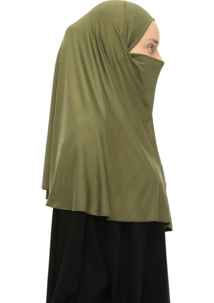 Hazır Türban Peçeli Pratik Eşarp Tesettür Nikaplı Hijab - Namaz Örtüsü Sufle (Xl) - Haki