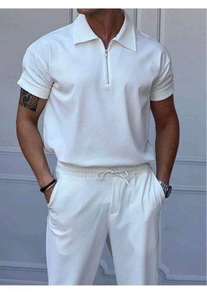 Unisex Erkek-Kadın Fitilli Polo Yakası Fermuarlı Ottoman T-Shirt
