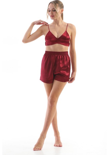 Kadın Bordo Saten Dokuma Büstiyerli Şık Askılı Pijama Takımı