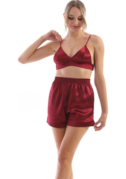 Kadın Bordo Saten Dokuma Büstiyerli Şık Askılı Pijama Takımı fiyatları