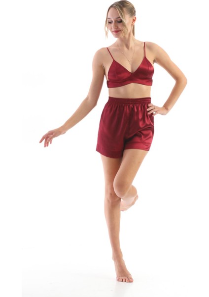 Kadın Bordo Saten Dokuma Büstiyerli Şık Askılı Pijama Takımı modelleri