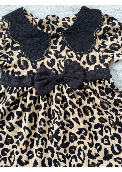 Leopar Desenli Bebek Yakalı Kız Elbise