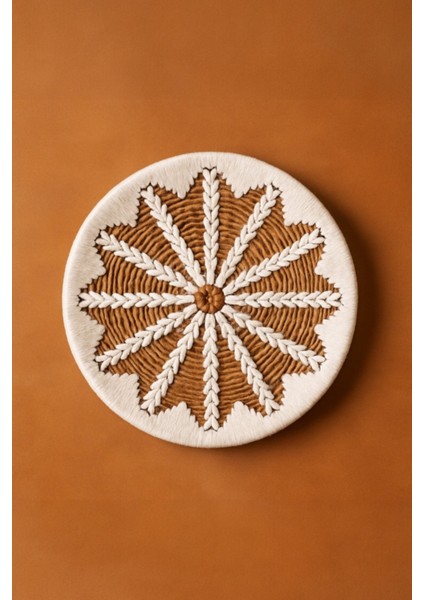 Yuvarlak Rattan Duvar Dekoru, Bohem Tarz, El Örgüsü, Beyaz Desenli, Doğal Lifli, Salon ve Oda, 40 cm
