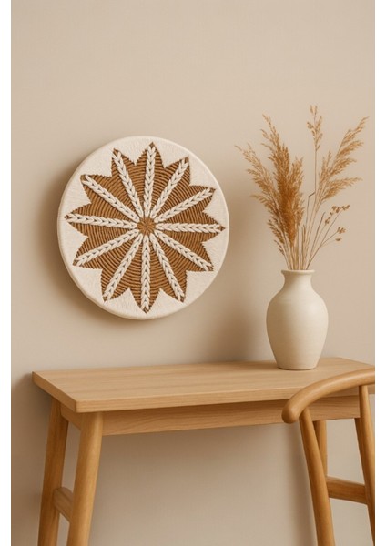 Yuvarlak Rattan Duvar Dekoru, Bohem Tarz, El Örgüsü, Beyaz Desenli, Doğal Lifli, Salon ve Oda, 40 cm
