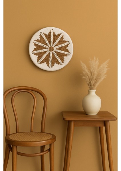 Yuvarlak Rattan Duvar Dekoru, Bohem Tarz, El Örgüsü, Beyaz Desenli, Doğal Lifli, Salon ve Oda, 40 cm