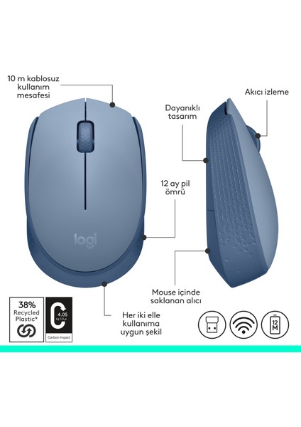 M171 USB Alıcılı Kablosuz Kompakt Mouse - Açık Mavi