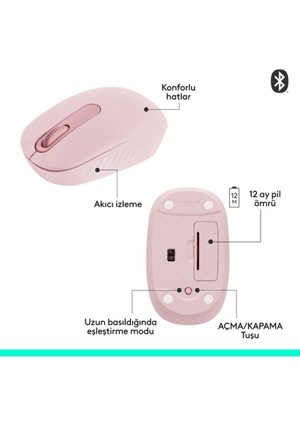 M196 Bluetooth Kablosuz Kompakt Pc ve Mac ile Uyumlu Mouse - Pembe