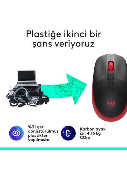 M191 Büyük Boy USB Alıcılı 1000 DPI Kablosuz Mouse - Kırmızı