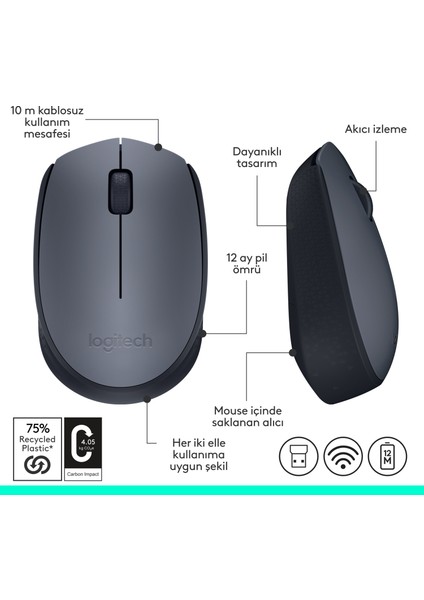 M170 USB Alıcılı Kablosuz Kompakt Mouse - Gri