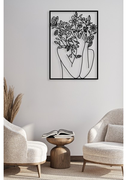 Çiçek Kadın Dekoratif Siyah Metal Duvar Tablosu 32X45CM