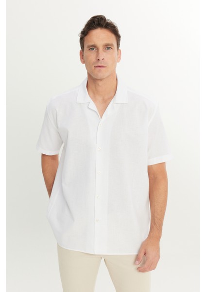 Pamuklu Keten Oversize Fit Bol Kesim Hawai Yaka Gömlek