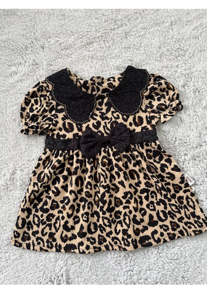Leopar Desenli Bebek Yakalı Kız Elbise