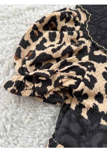 Leopar Desenli Bebek Yakalı Kız Elbise
