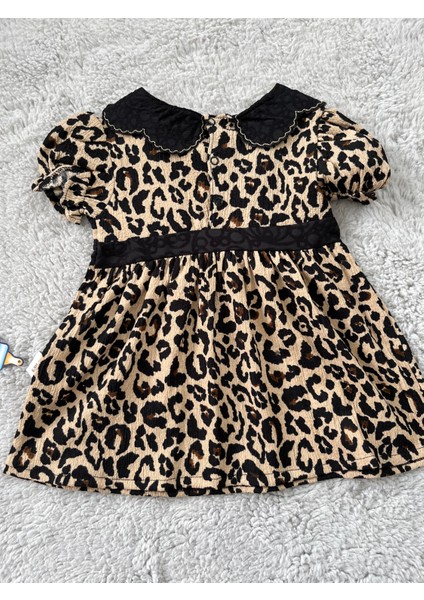 Leopar Desenli Bebek Yakalı Kız Elbise