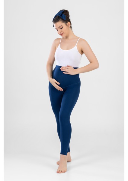 Kadın Bilek Boy Esnek Ayarlanabilir Yüksek Bel Penye Hamile Tayt 8912 Lacivert